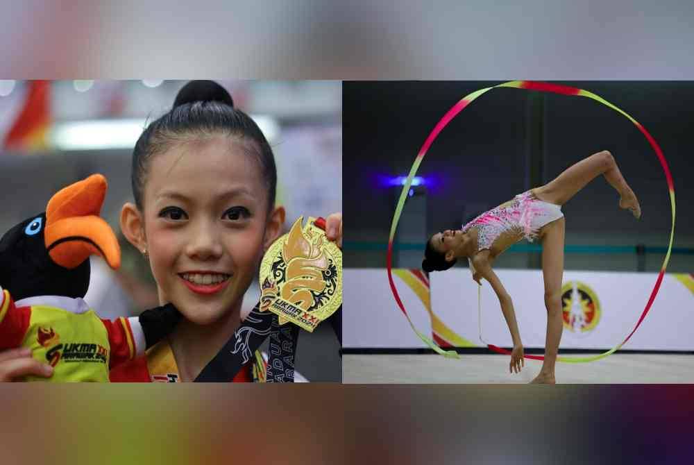 Cassidy Tan Jia Xin memenangi pingat emas dalam acara all-around individu gimrama yang berlangsung di Pusat Konvensyen Borneo Kuching, hari ini. Aksi Cassidy Tan dalam acara reben Foto Bernama