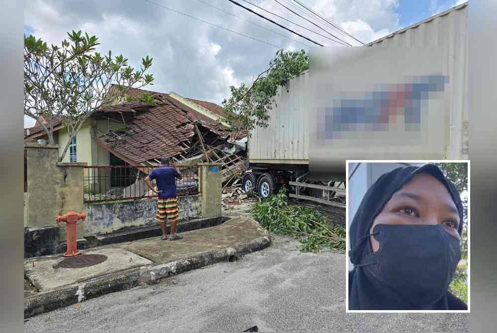 Kejadian tersebut menyebabkan sebuah kereta Produa Axia dan motosikal Benelli rosak selepas ditimpa bumbung rumah. Gambar kecil: Shafiqa Shafie