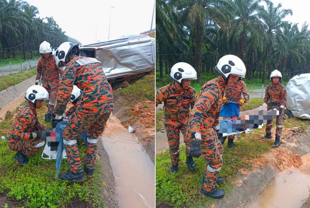 Anggota bomba memberi rawatan awal kepada mangsa selepas kenderaan terbabas di WCE dekat Trong. Foto: Ihsan Bomba Perak