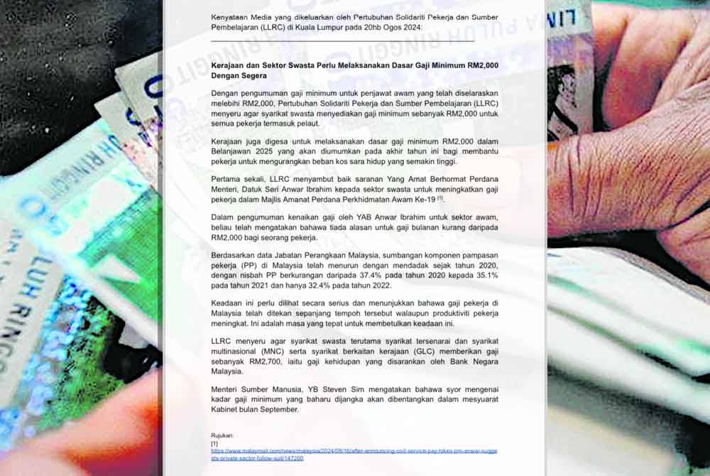 LLRC dalam satu kenyataan pada Selasa menggesa sektor swasta menyediakan gaji minimum RM2,000 dengan segera.