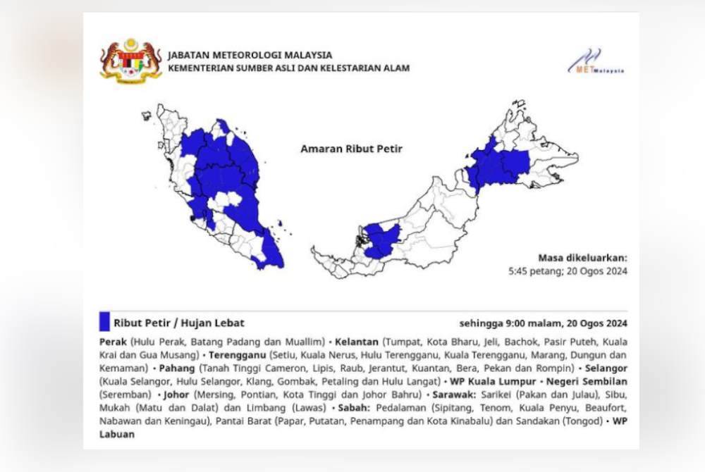 MetMalaysia mengeluarkan amaran hujan lebat, ribut petir dan angin kencang di 10 negeri sehingga jam 9 malam ini.