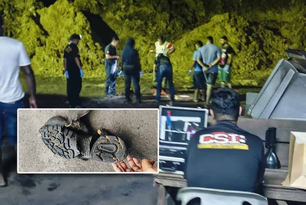 Anggota polis menjalankan siasatan di lokasi kejadian pada Selasa. Gambar kecil: Kasut dipercayai milik mangsa ditemui di atas timbunan serat sawit setelah mangsa dipercayai terjatuh dalam mesin di kilang berkenaan pada Selasa.