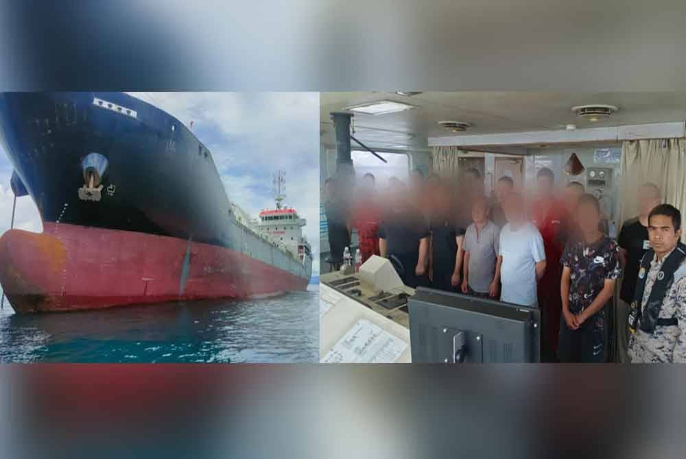 Sebuah kapal tangki dari China (kiri) yang disyaki bersauh secara haram di perairan negeri ini ditahan Maritim Malaysia Pulau Pinang. 18 kru warga China (kanan) termasuk nakhoda kapal ditahan untuk siasatan lanjut.