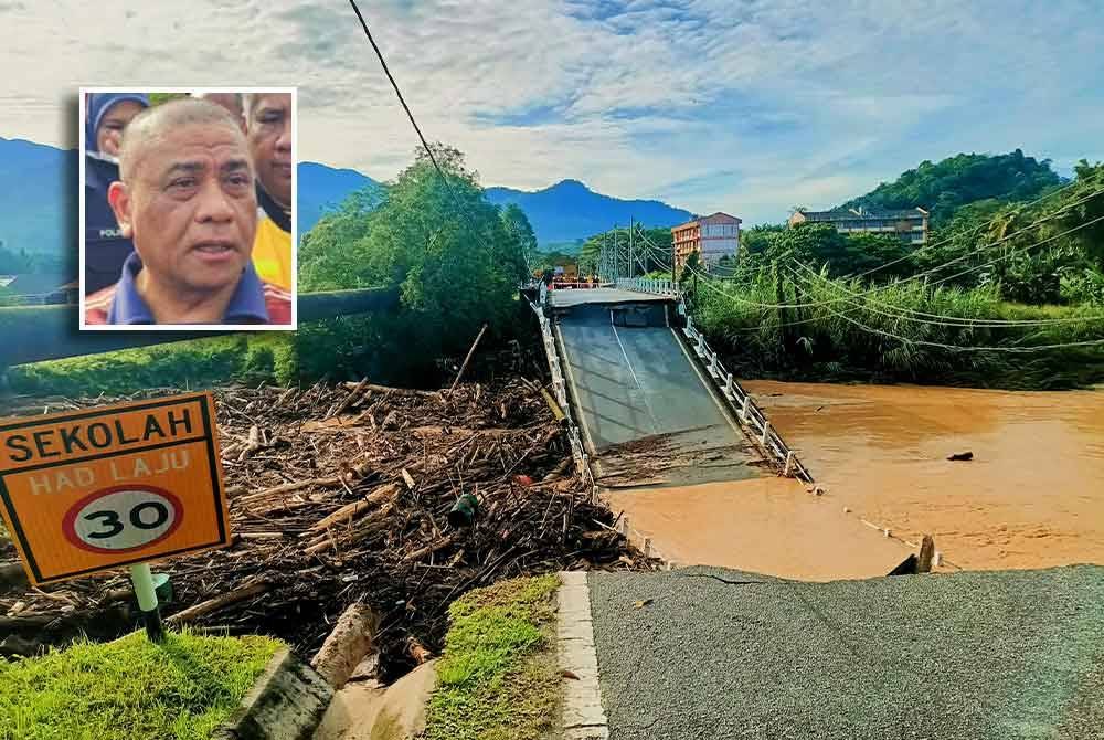 Jambatan konkrit di Jambatan Lama Sungai Slim yang mempunyai lebar 7.5 meter dan panjang 77 meter runtuh selepas mengalami kegagalan disebabkan tidak dapat menahan tekanan daripada sisa kayu yang hanyut bersama aliran air banjir. Gambar kecil: Saarani