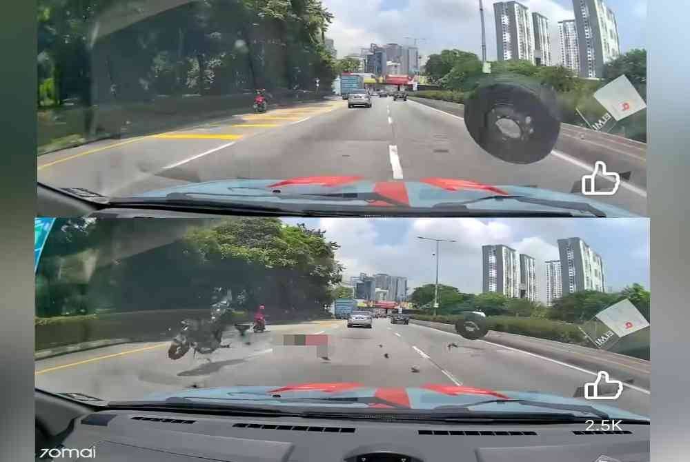 Tayar sebuah lori yang terpelanting mengenai seorang penunggang motosikal dan sebuah kereta di Jalan Syed Putra, Kuala Lumpur pada Jumaat.