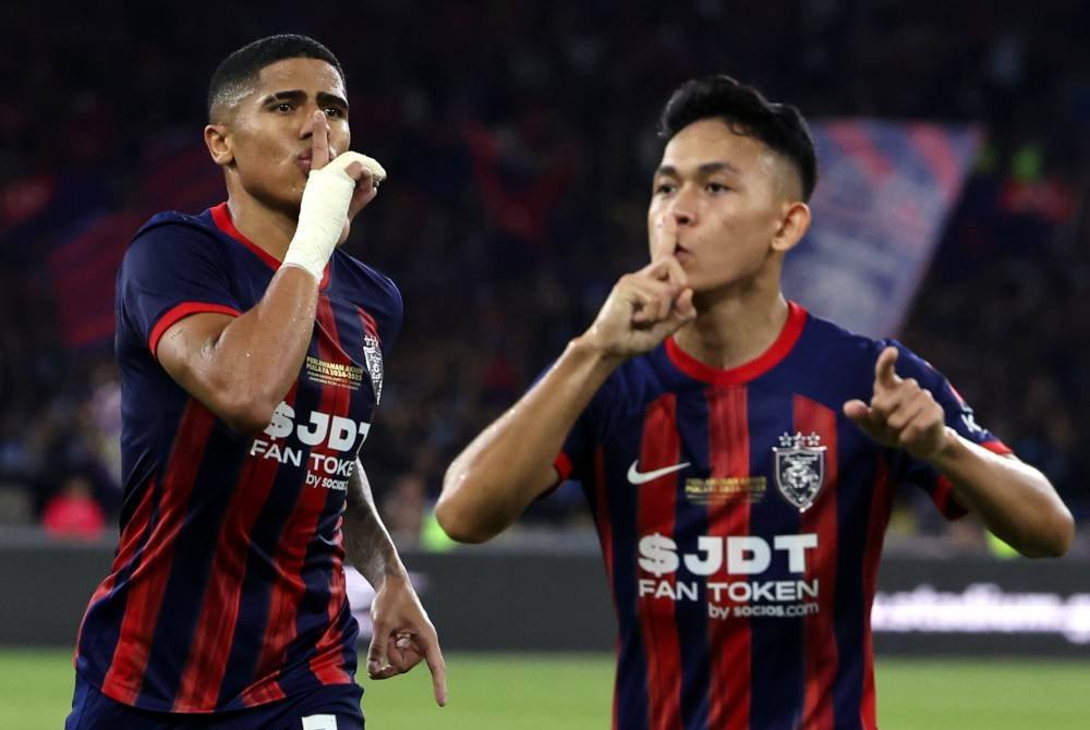 Pemain Johor Darul Ta’zim (JDT) Bergson Gustavo Silveira Da Silva meraikan jaringan gol pada perlawanan akhir Piala FA di Stadium Nasional Bukit Jalil pada Sabtu. Foto Bernama