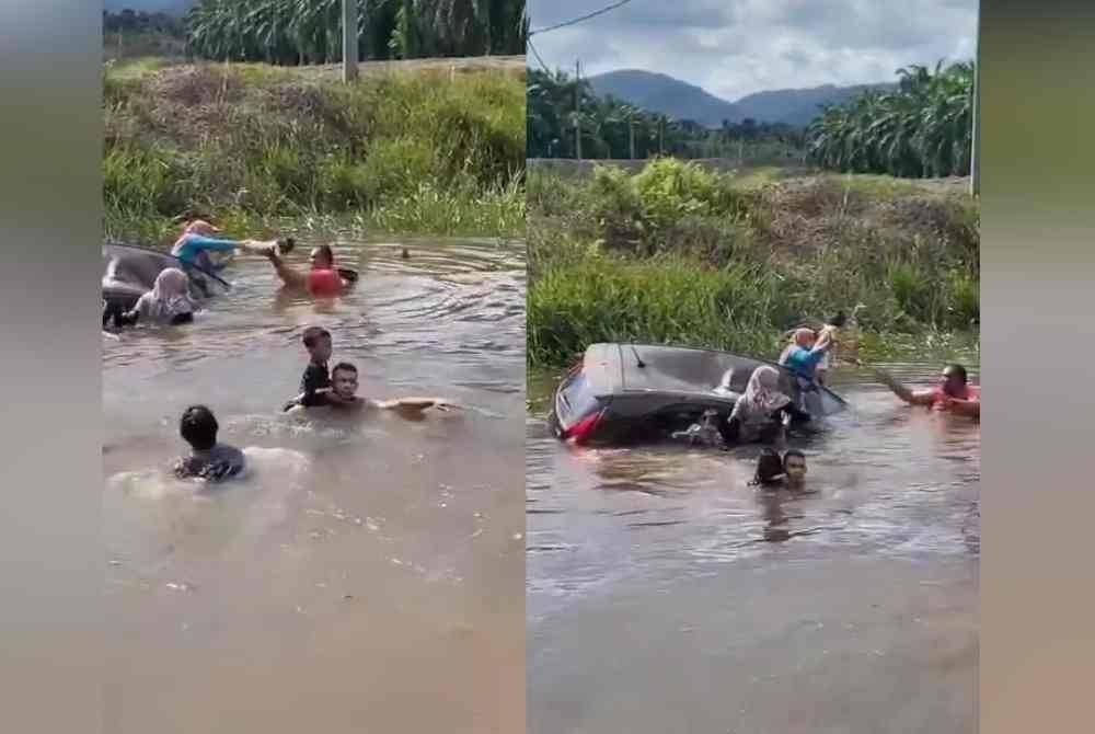 Orang ramai membantu menyelamatkan kanak-kanak selepas kereta dinaiki enam sekeluarga terjunam ke dalam parit di Bagan Serai, Sabtu lalu. Foto: ihsan pembaca