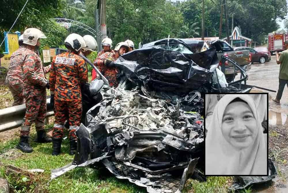 Keadaan kenderaan yang remuk dalam insiden kemalangan tersebut - Foto BBP Renggam. Gambar kecil: Fauziah Selamat