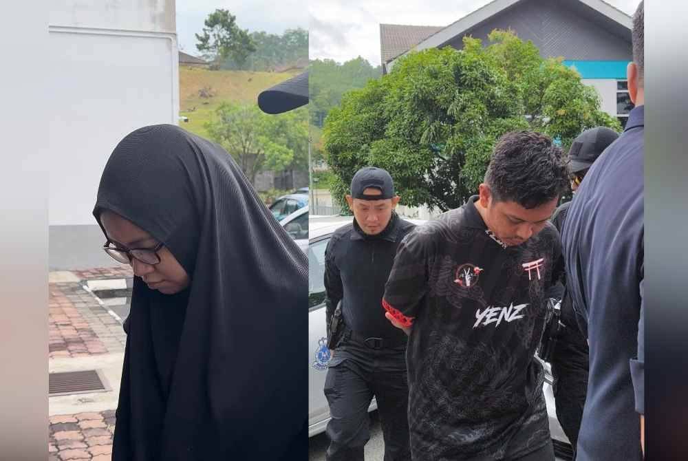 Norfazira (kiri) menangis dan Mohamad Zulhelmy (kanan) ketika dibawa ke Mahkamah Majistret Selayang pada Selasa, bagi menghadapi satu pertuduhan membunuh anak sulungnya, dua minggu lalu.