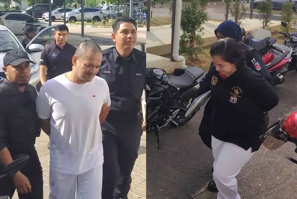 Abdul Azim (kiri) dan Sharifah Faraha (kanan) diringi polis dibawa ke Mahkamah Sesyen Kuala Selangor di sini pada pada Khamis. 