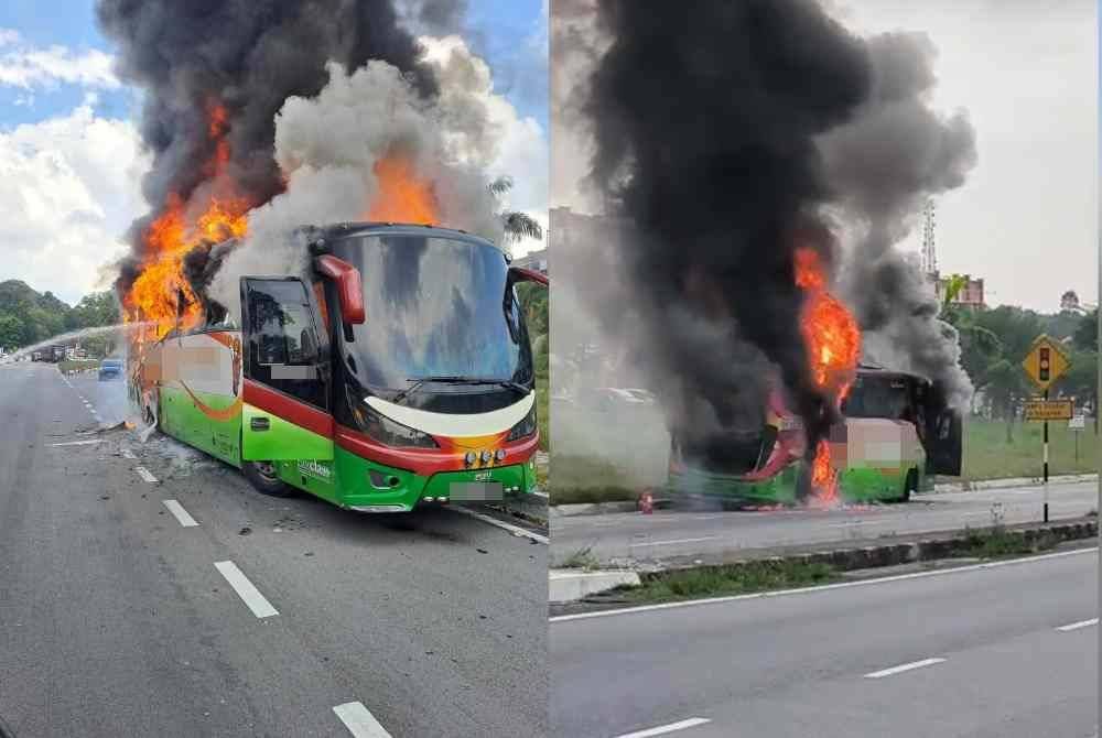 Sebuah bas persiaran terbakar di Persiaran Mokhtar Dahari, Seksyen U10, Shah Alam pada Khamis.