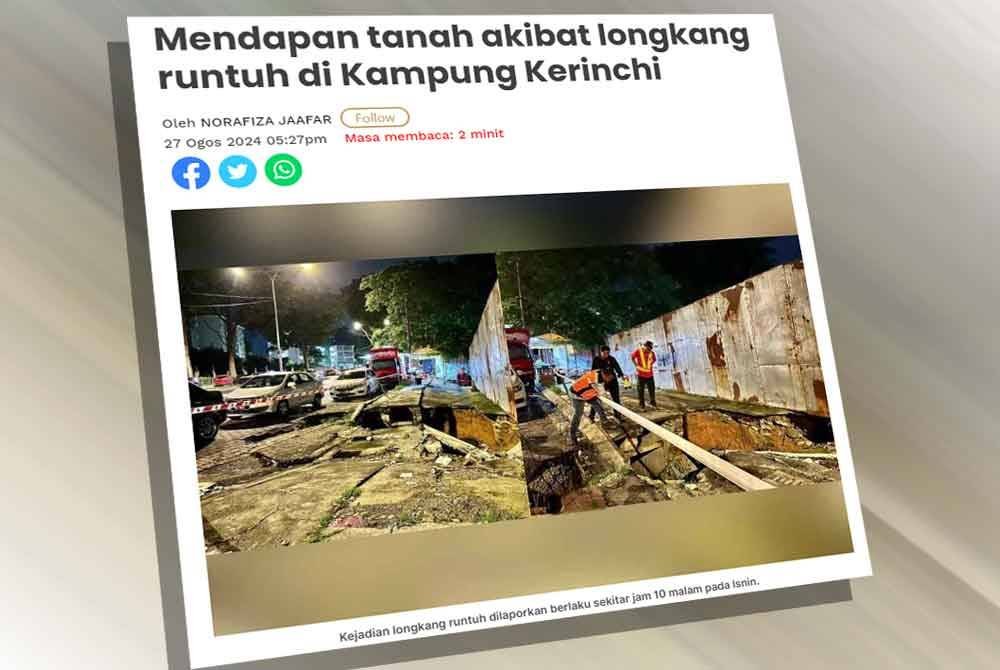 Laporan Sinar Harian mengenai kejadian tersebut di Jalan Pantai Permai, Kampung Kerinchi dekat Kuala Lumpur pada Isnin.