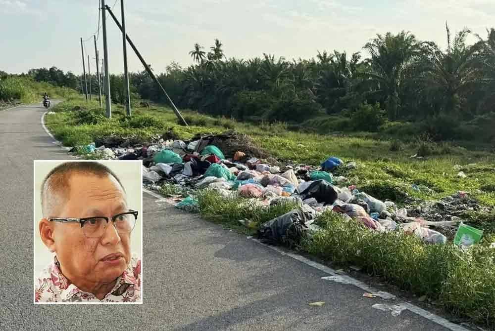 Longgokan sampah yang mencacatkan pemandangan di Kampung Bumiputera, Rengit. Gambar kecil: Mohd Puad