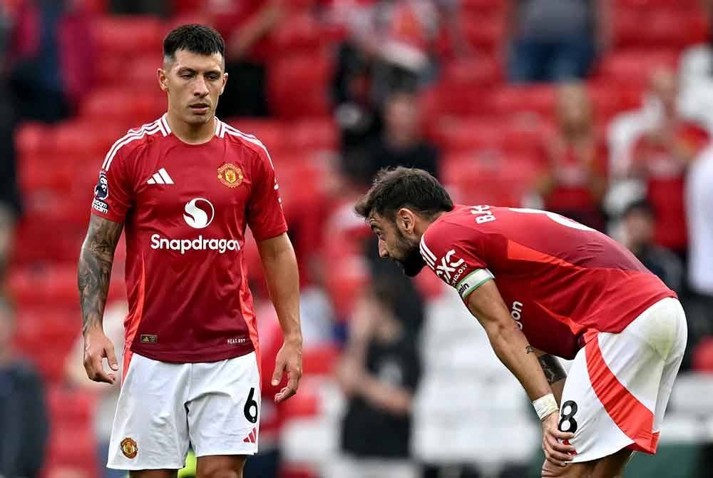 Reaksi pemain United, Lisandro Martinez (kiri) dan Bruno Fernandes selepas tewas kepada Liverpool. Foto AFP