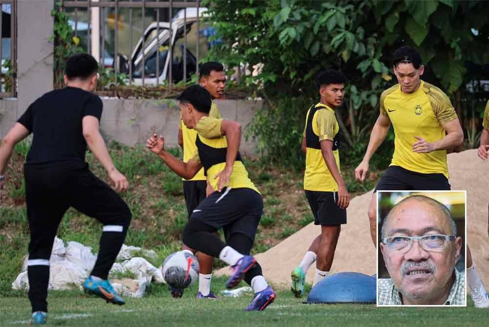 Pemain skuad Harimau Malaya menjalani sesi latihan di Wisma FAM, Kelana Jaya sebagai persiapan menghadapi Pestabola Medeka 2024. Gambar kecil: Jamal Nasir