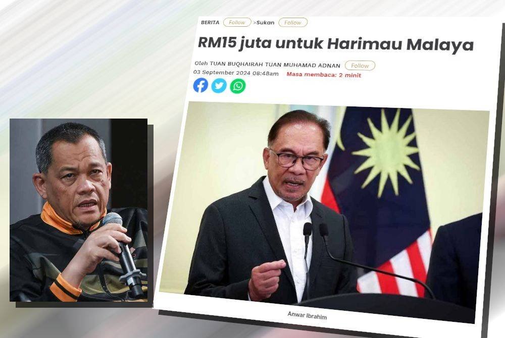 Laporan Sinar Harian pada Selasa mengenai peruntukan RM15 juta bagi memperkasakan skuad Harimau Malaya. Gambar kecil: Hamidin