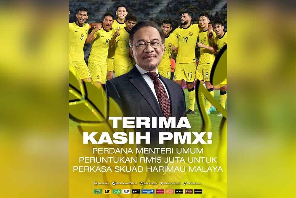 FAM mengucapkan terima kasih kepada Anwar selepas mengumumkan peruntukan sebanyak RM15 juta untuk Harimau Malaya.