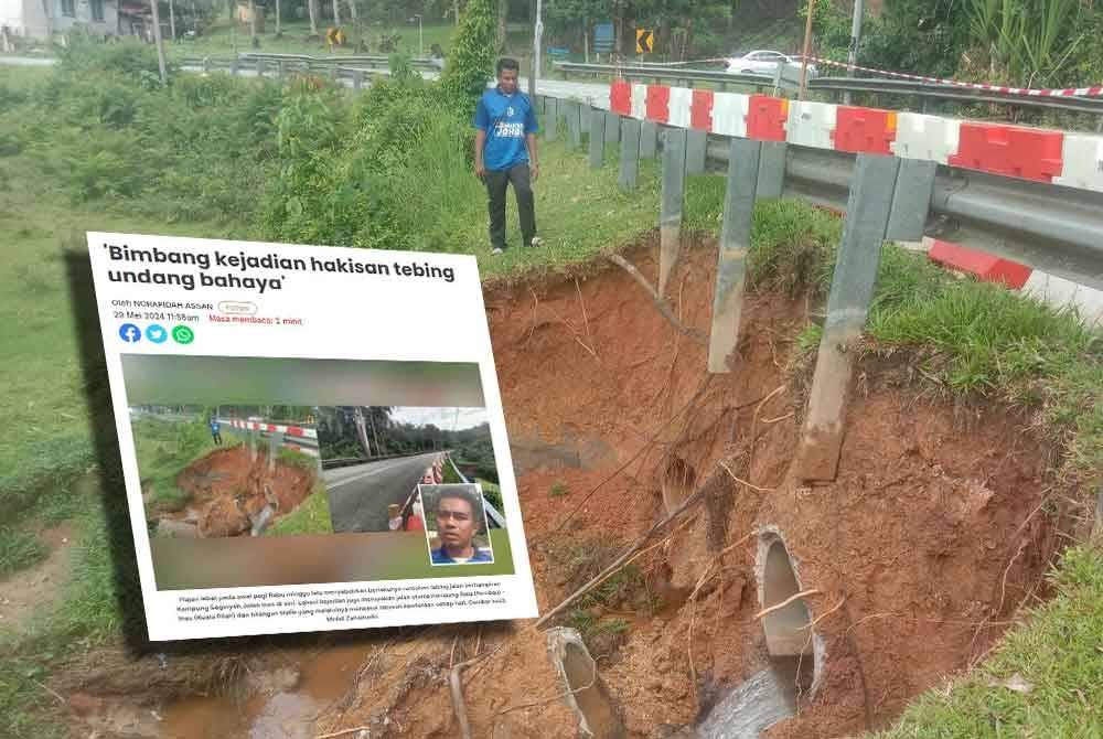 Sebelum ini Sinar Harian melaporkan, pengguna jalan raya dan penduduk yang melalui jalan berdekatan Kampung Seginyeh, Jalan Inas dekat sini bimbang apabila tebing terhakis sudah menghampiri jalan susulan runtuhan akibat hujan lebat.