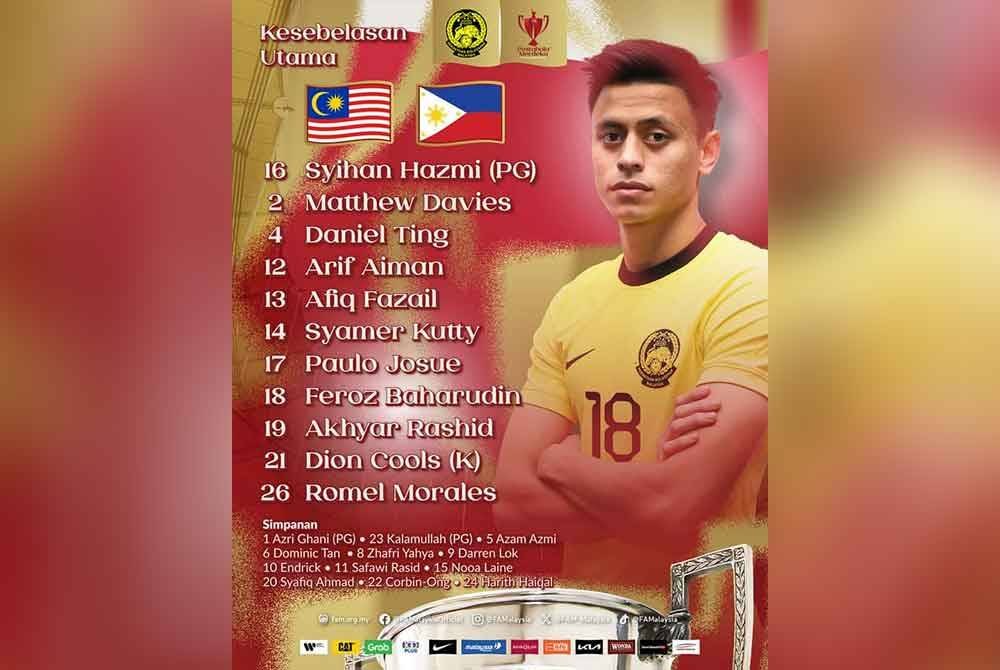 Barisan kesebelasan utama skuad Harimau Malaya menentang Filipina pada Rabu. Foto FB FAM