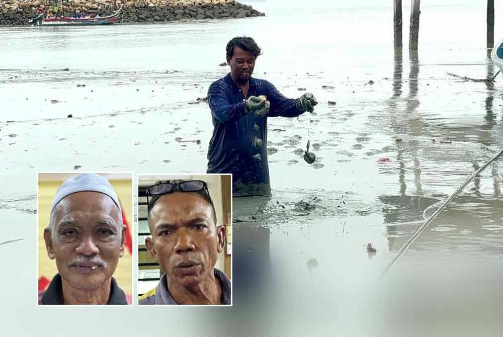 Keadaan selut di pesisiran Sungai Batu, Teluk Kumbar yang sangat tebal sehingga menyukarkan pergerakan bot nelayan. Gambar kecil dari kiri: Zakaria (kiri), Sulaiman