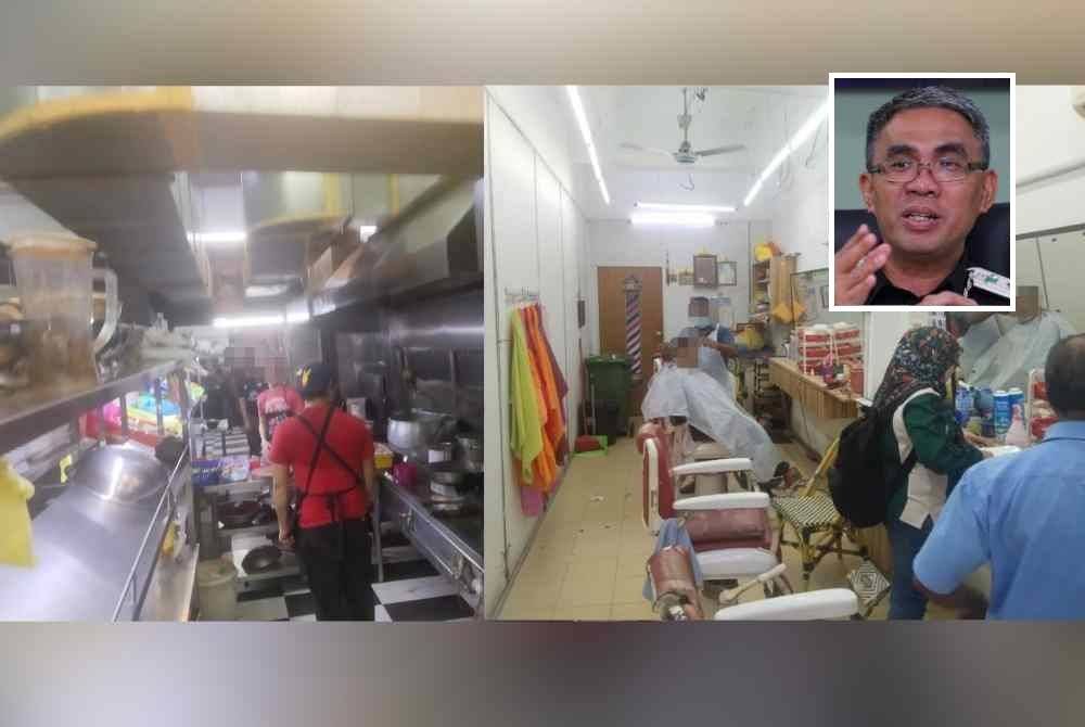 Kedai makan dan kedai gunting rambut antara premis yang diserbu JIM Selangor pada Khamis. Gambar kecil: Khairrul Aminus