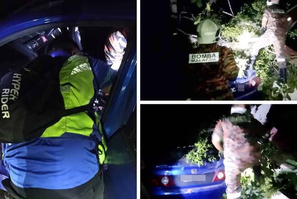 Seorang wanita berusia 29 tahun mengalami kecederaan di kepala akibat dihempap dahan pokok yang tumbang ketika berada di bawah gazebo dalam kejadian di Rimba Segari, Pantai Remis. Foto JBPM Perak