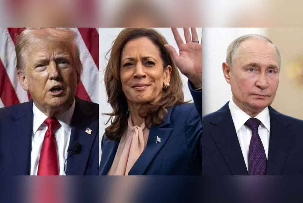 Donald Trump (kiri), Kamala Harris dan Putin.