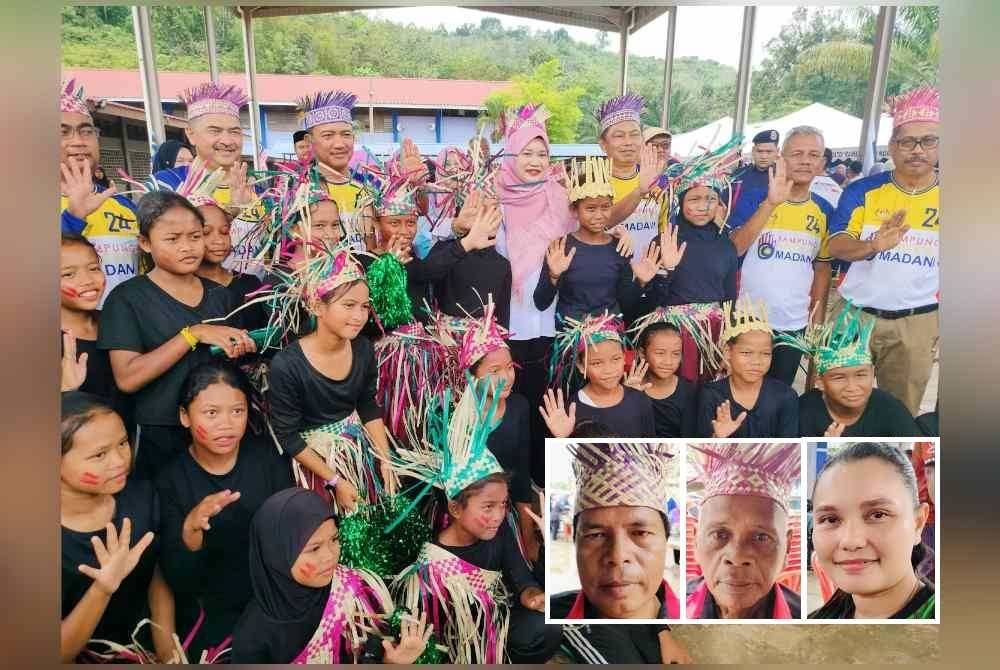 Fadhlina bergambar bersama sebahagian kumpulan penari yang mempersembahkan tarian pada Majlis Pelancaran RPS Betau sebagai Kampung Angkat Madani KPM di SMK RPS Betau di sini pada Ahad. Gambar kecil: Rahmat, Yazid Kembok, Norhaniza