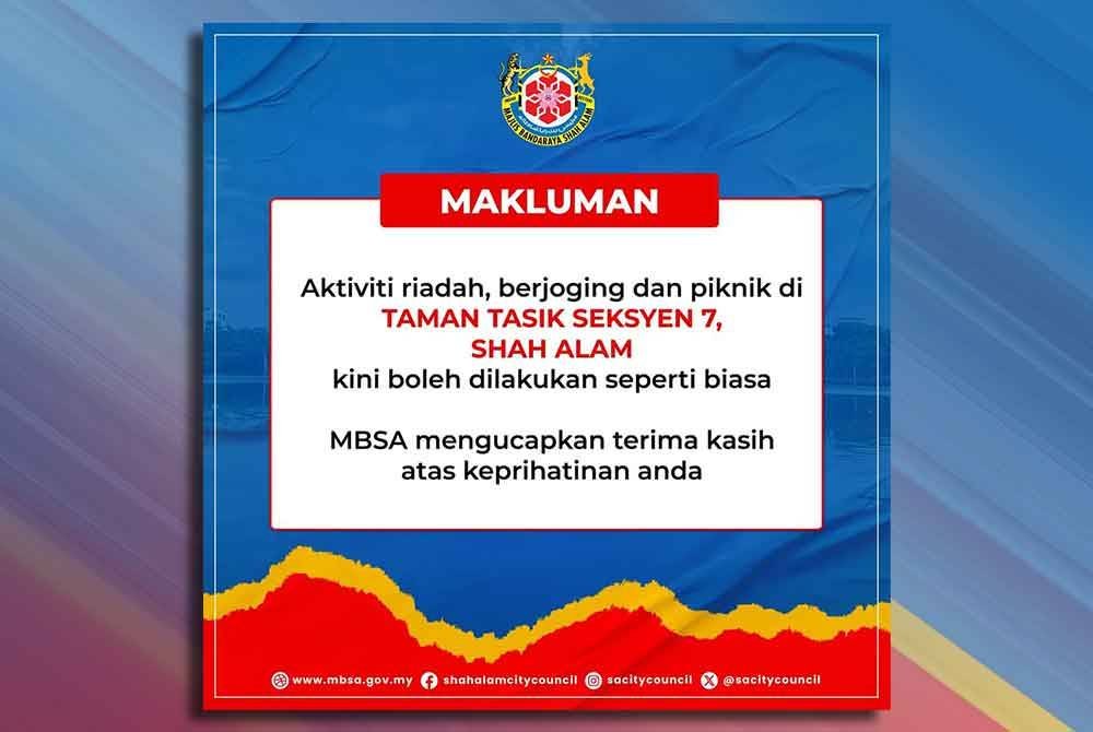 Aktiviti riadah, berjoging dan berkelah di Taman Tasik Seksyen 7 Shah Alam kini boleh dilakukan seperti biasa.