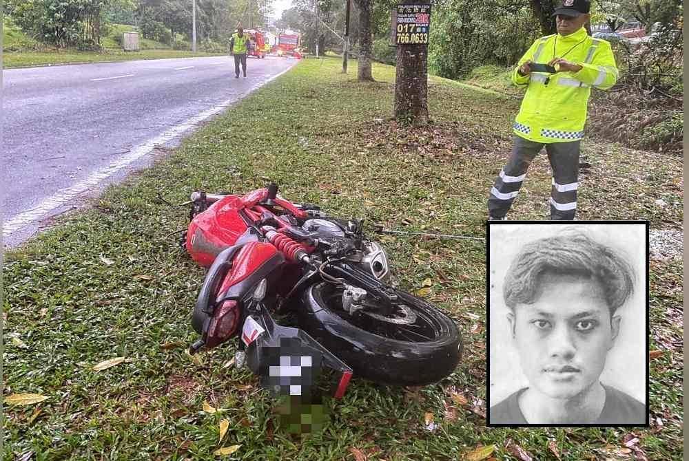 Keadaan motosikal ditunggang mangsa di Jalan Industri Kelemak pada awal pagi Khamis. Gambar kecil: Ikhmal Hakimi