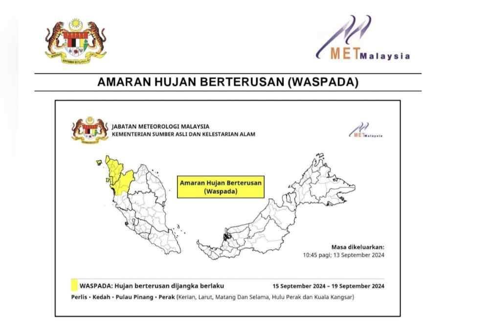 MetMalaysia mengeluarkan amaran hujan berterusan di empat negeri dan orang ramai diminta berwaspada.