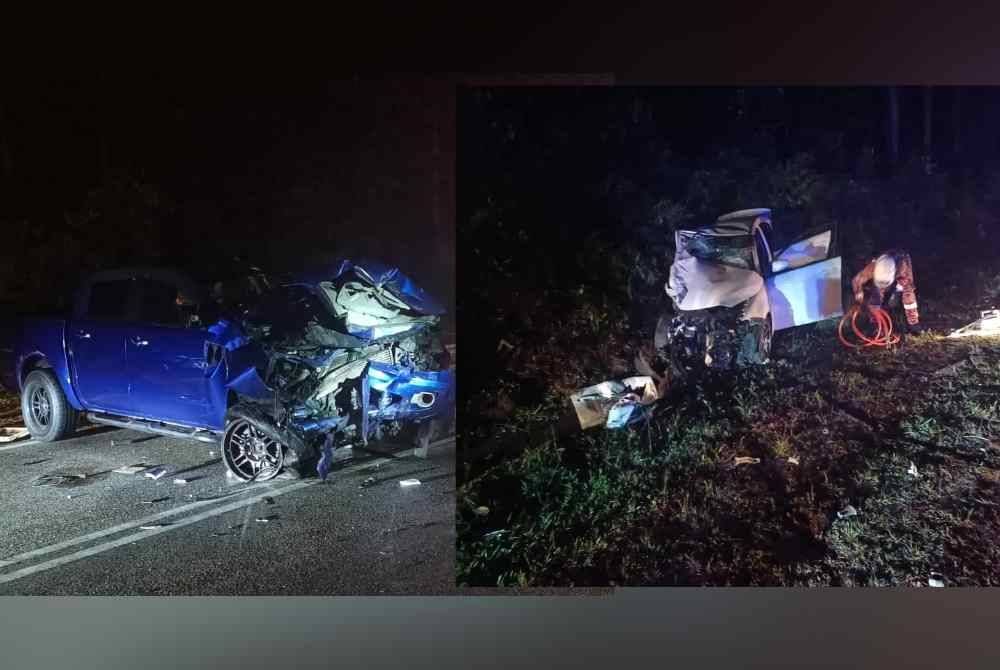 Keadaan dua kenderaan yang terbabit nahas di Jalan Kuantan-Segamat dekat Muadzam Shah pada awal pagi Jumaat.