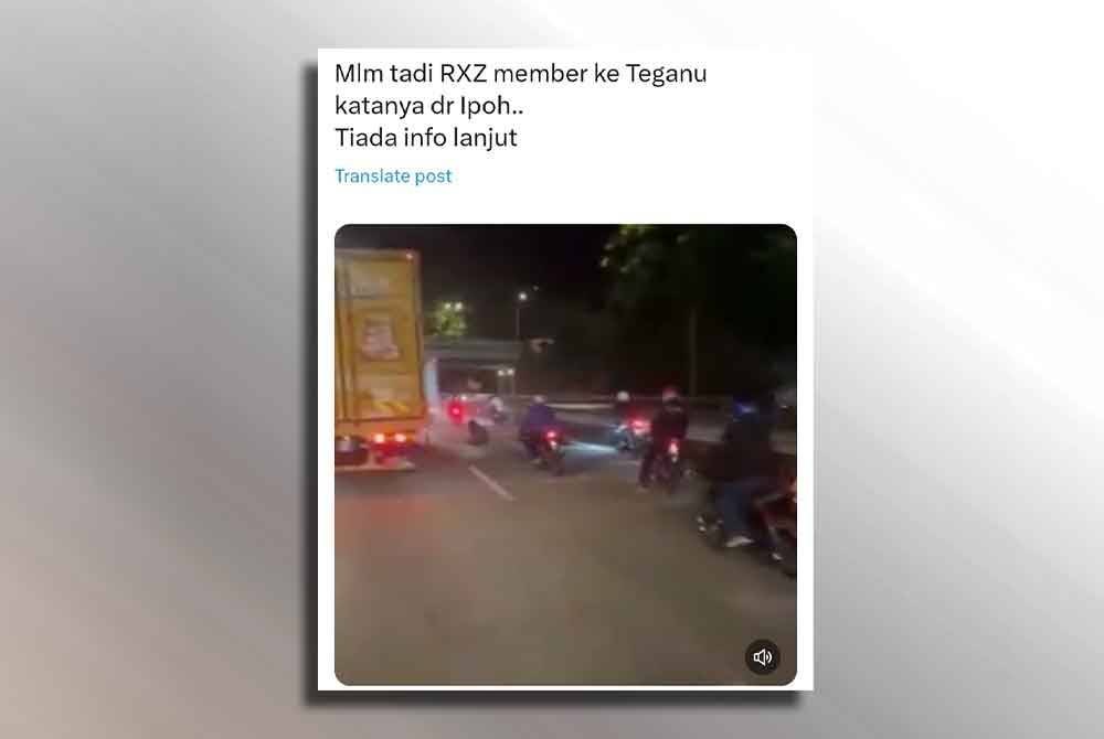 Video tular berdurasi 21 saat memaparkan sekumpulan penunggang motosikal dipercayai peserta himpunan motosikal RXZ Member 6.0 berlanggar sesama sendiri di laluan lebuh raya Gopeng.