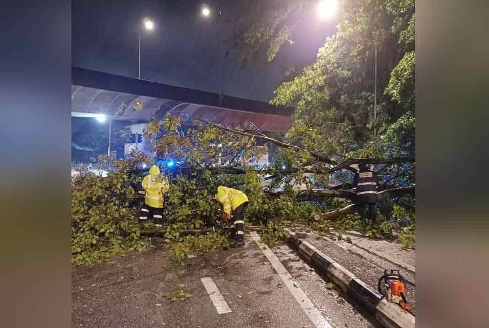 Skuad Pantas MBPP sedang bertungkus lumus mengalihkan pokok tumbang selepas angin kencang dan hujan lebat pada awal pagi Ahad. Foto Ihsan MBPP