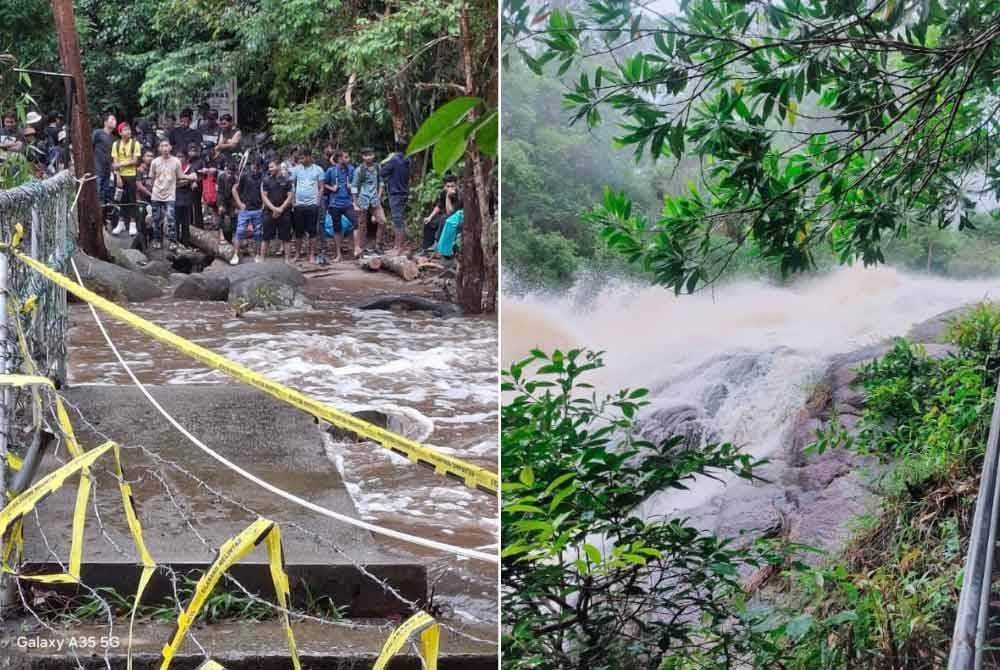 Mangsa-mangsa yang terkandas akibat aliran air deras di Kolam Puteri, Gunung Ledang Resort, Tangkak. Gambar kanan: Keadaan air yang deras dari puncak gunung. Foto BBP Tangkak