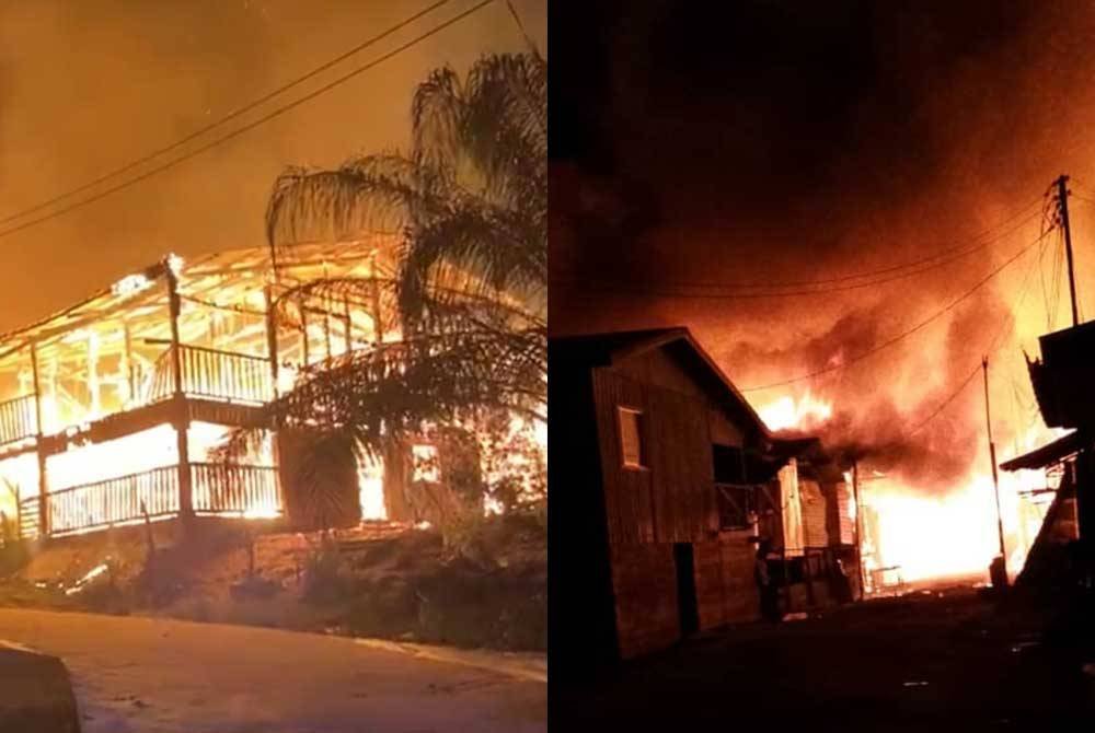 Sebahagian rumah yang terbakar dalam kejadian di Kampung Penangah, Tongod.