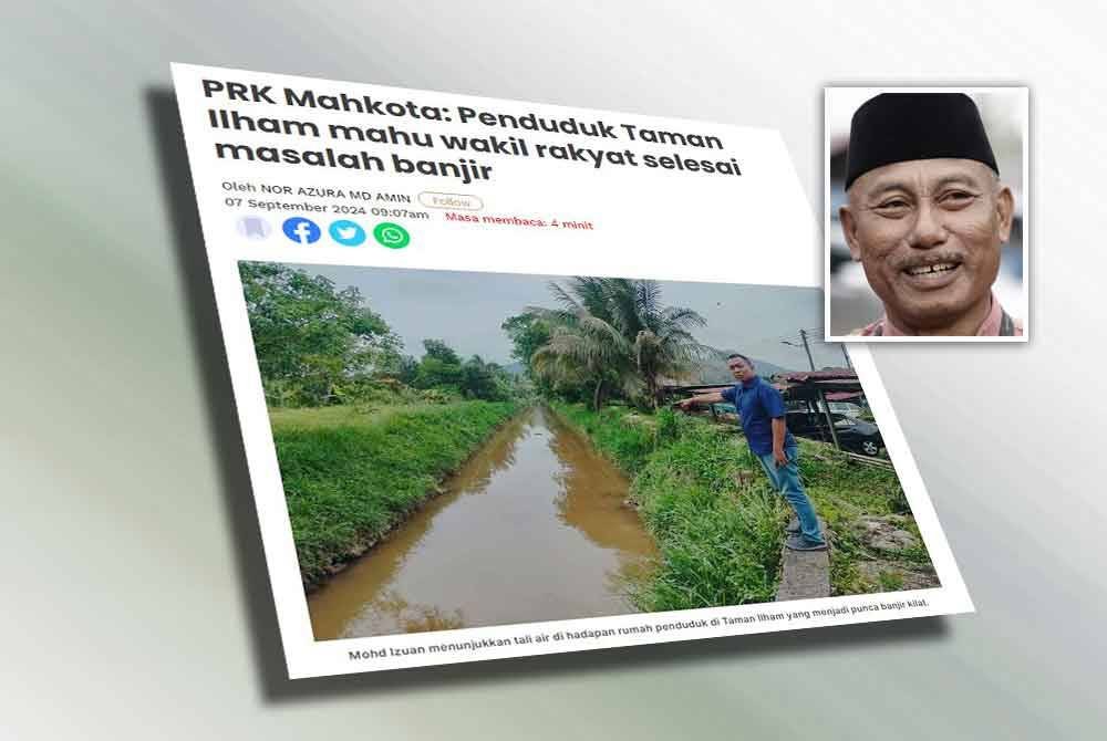 Sebelum ini Sinar Harian mel;aporkan penduduk mendakwa banjir kilat bukanlah masalah asing bagi penduduk di Taman Ilham, Kluang yang terletak di kawasan Dewan Undangan Negeri (DUN) Mahkota. Gambar kecil: Mohamad Haizan