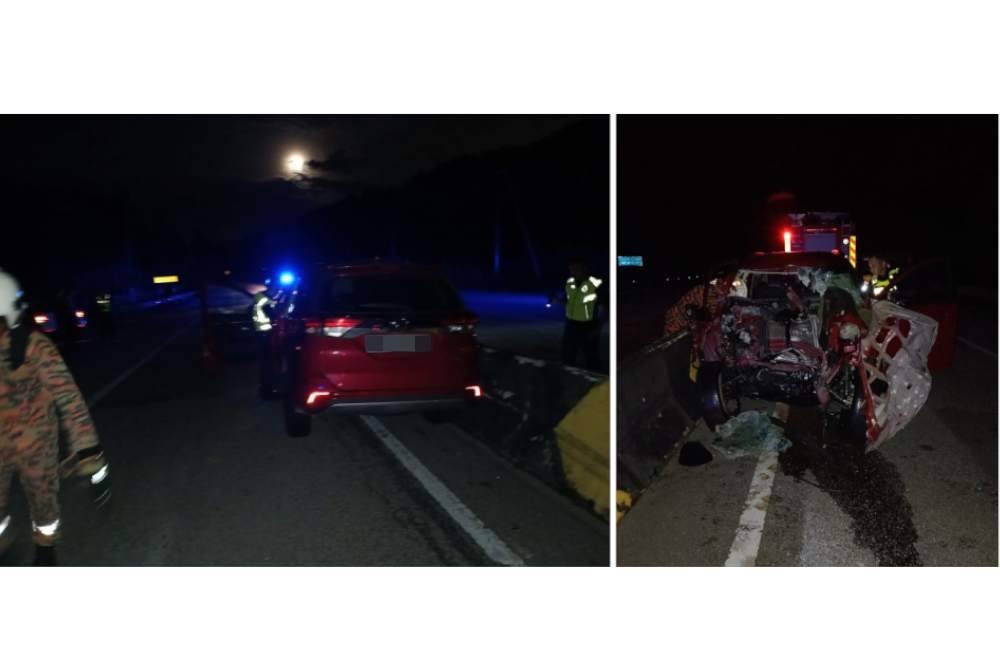 SUV jenis Perodua Aruz dipandu mangsa dipercayai terbabas dan melanggar pembahagi jalan di Simpang Pulai pada Selasa. Foto Bomba Perak