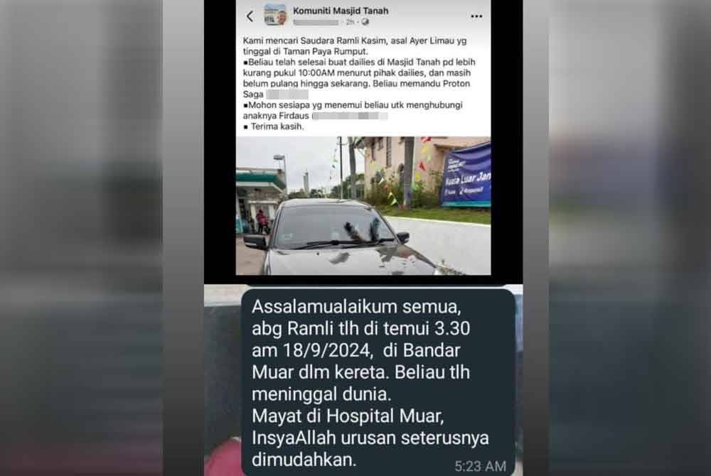 Paparan yang di muat naik di laman Facebook mengenai kematian warga emas berkenaan.