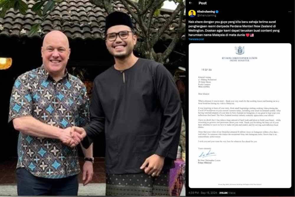 Khairul Aming berkongsi kegembiraan menerima surat penghargaan daripada Perdana Menteri New Zealand, Christopher Luxon.