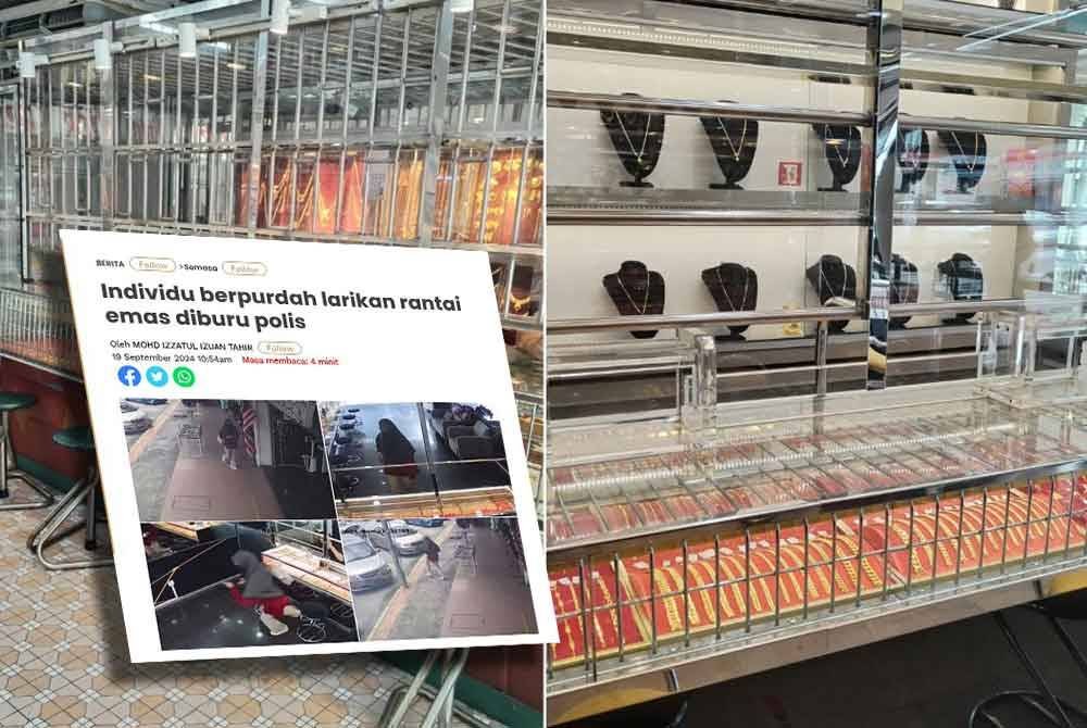 Tinjauan aspek keselamatan di kaunter kedai emas yang turut menggunakan kaca yang berkualiti di ruang rak pameran. Gambar kecil: Laporan Sinar Harian