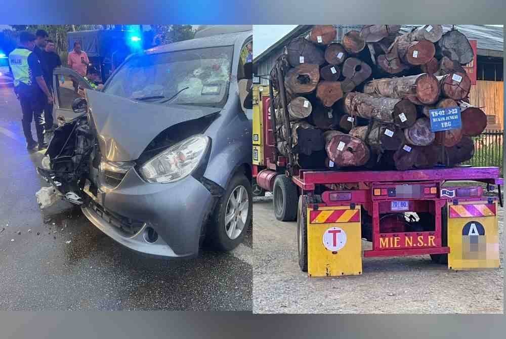 Keadaan kereta dan lori balak yang terlibat dalam kemalangan dinaiki mangsa Lori balak yang di Jalan Tanah Merah-Pasir Mas berhampiran Kampung Jelatok di Pasir Mas pada Sabtu.