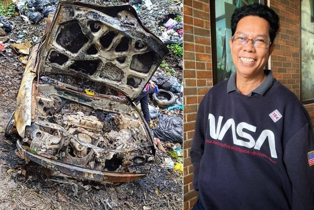 Keadaan kereta jenis Proton Waja milik Sabari yang ditemui hangus terbakar di tempat pembuangan sampah di Pulau Belantik, Sik pada Jumaat. (Kanan: Sabari gagal dikesan sejak keluar rumah 3 September lalu.)