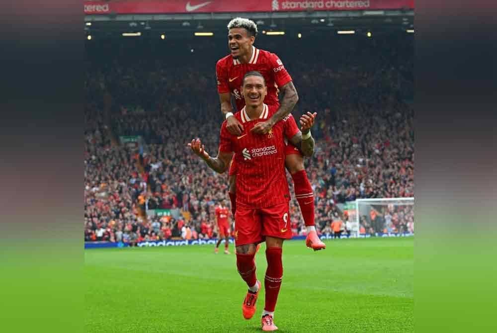 Diaz antara pencetak gol Liverpool di Anfield. Foto Agensi