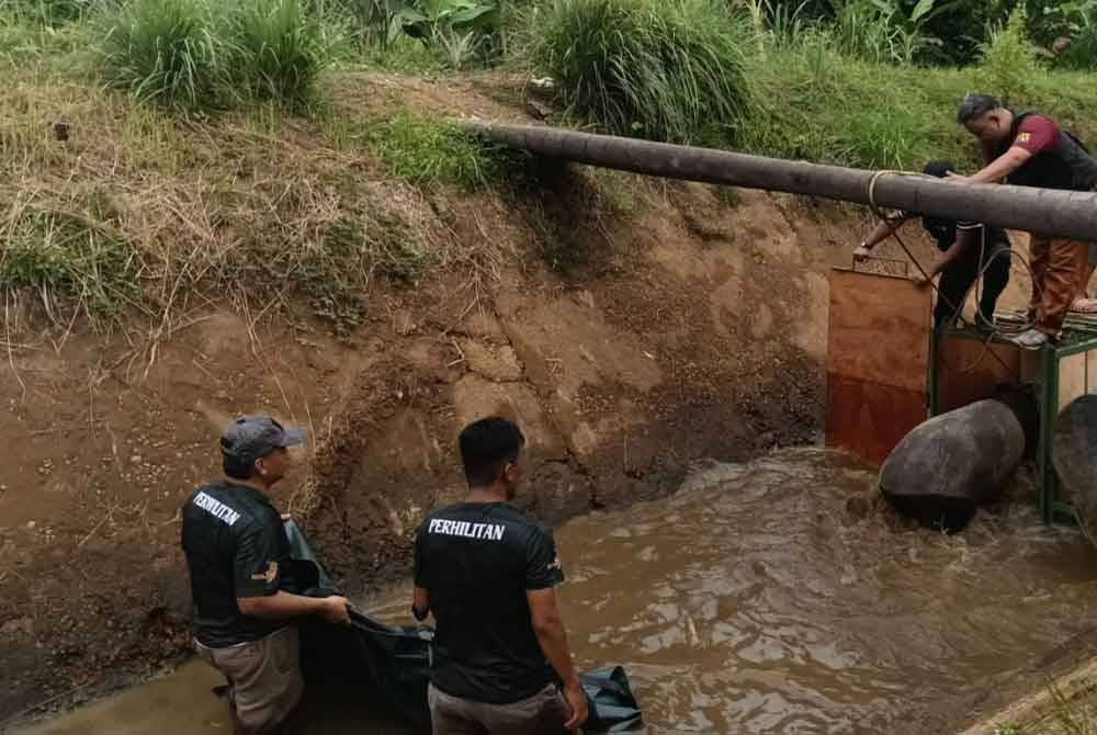 Perhilitan mengambil masa selama dua jam untuk membawa tapir keluar dari parit air tersebut dengan dibantu oleh APM dan penduduk kampung. Foto Perhilitan