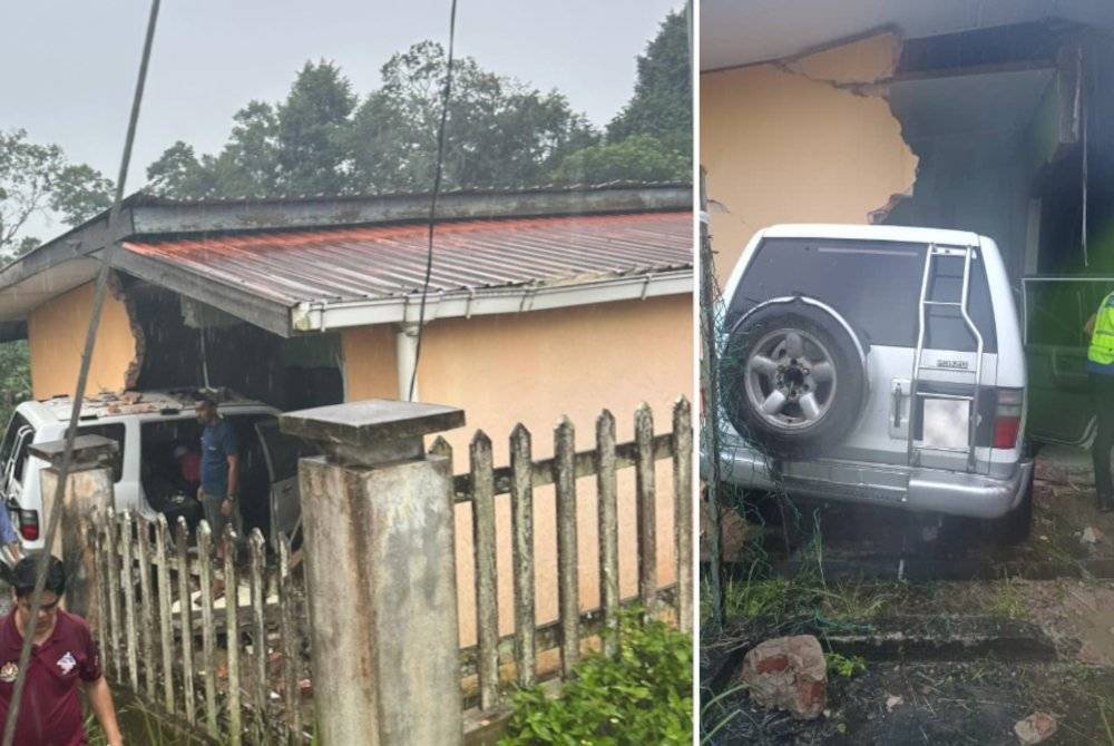 Keadaan rumah yang dirempuh pacuan empat roda di Kampung Beruang, Tawau.