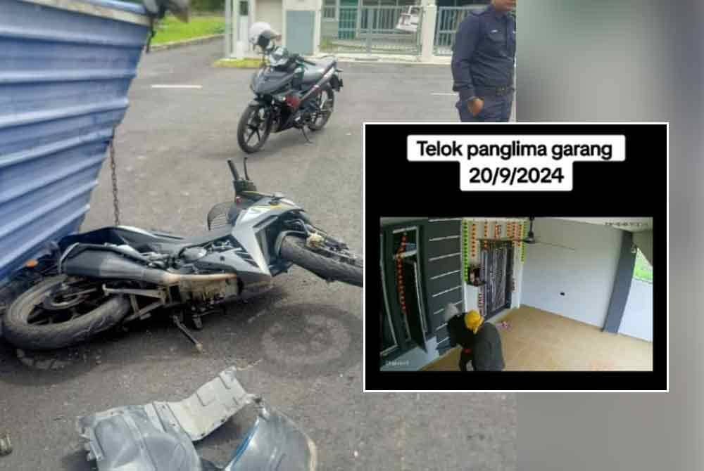 Motosikal dinaiki anggota polis yang dirempuh kenderaan suspek dalam kejadian di kawasan perumahan Telok Panglima Garang di sini pada Jumaat. Gambar kecil: rakaman kamera litar tertutup (CCTV) memaparkan suspek memecah masuk sebuah rumah di lokasi kejadian.