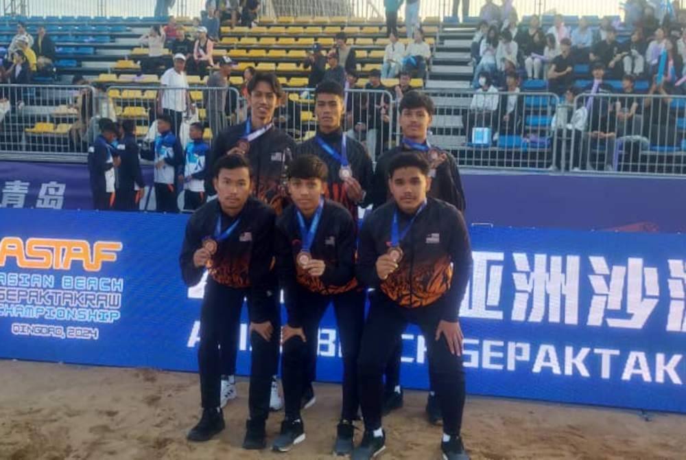 Malaysia meraih pingat gangsa bersama-sama India dalam acara regu Kejohanan Sepak Takraw Pantai Asia ASTAF 2024 di Pantai Emas Qingdao, Shandong, China. Kredit Foto AHA