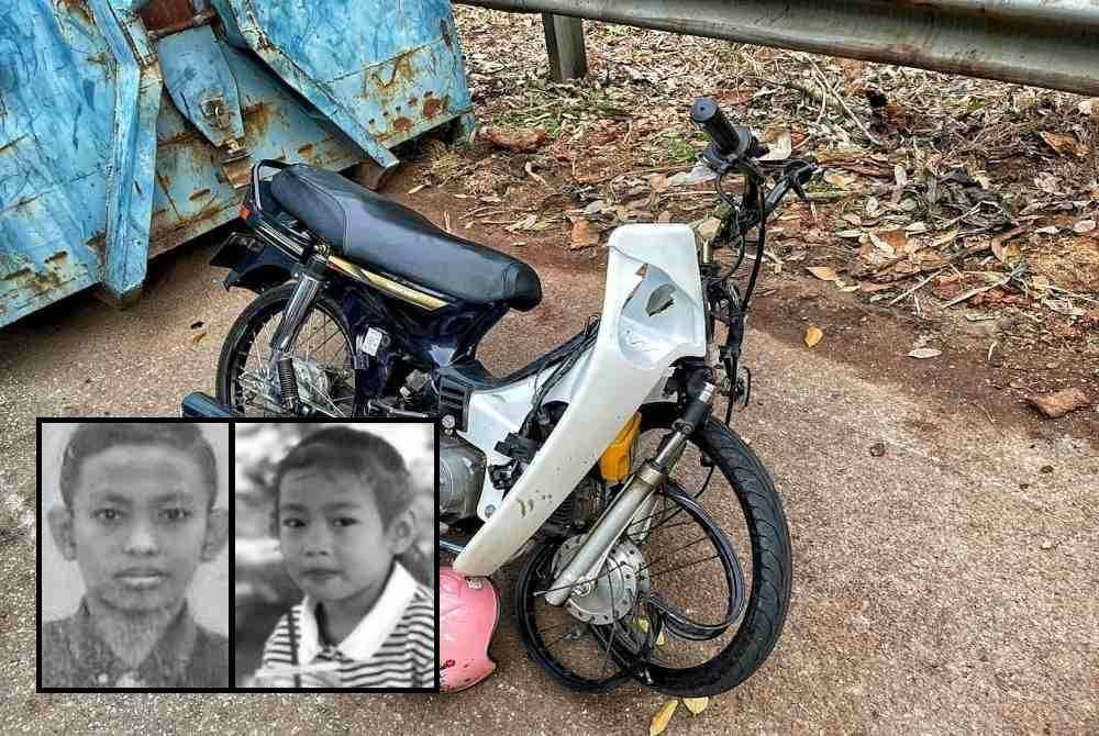 Keadaan motosikal yang ditunggang mangsa selepas merempuh tong sampah roro dalam kemalangan di Jalan Lebuh SPA dekat Stadium Hang Jebat, Krubong pada petang Isnin. Gambar kecil: Muhammad Amirul dan Nur Afiqah Sofea.