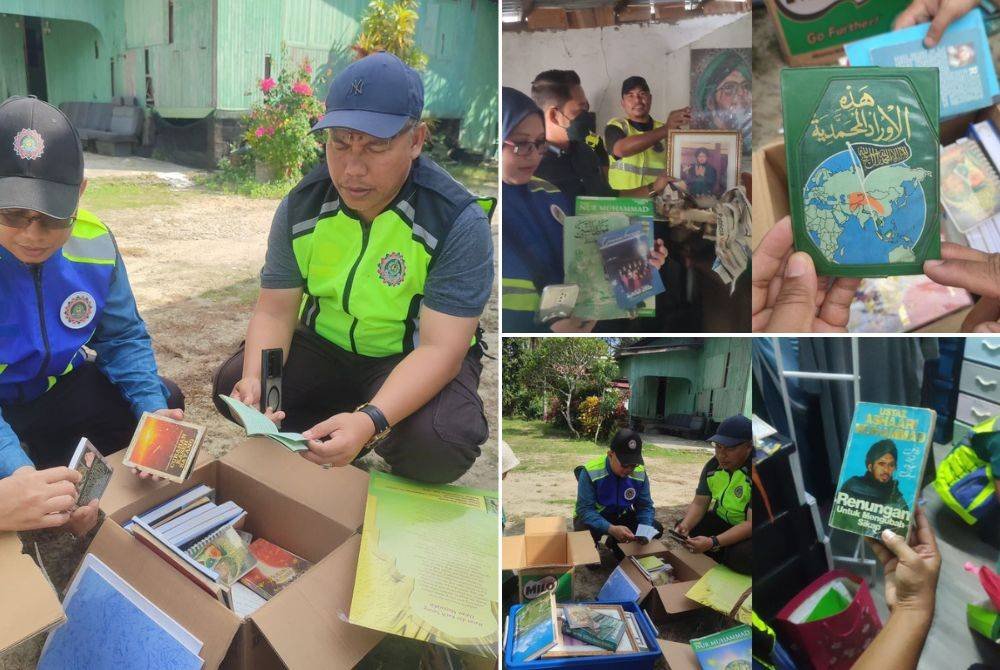 Polis memeriksa buku yang ditemukan di sebuah rumah amal dan sekolah milik Global Holdings (GISBH) di Gong Kulim pada Selasa.